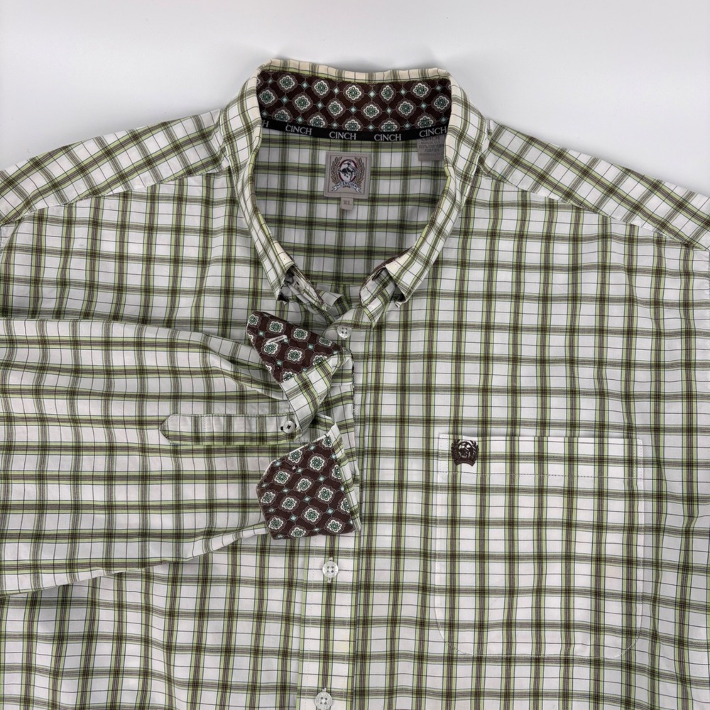 Cinch Mens XL Green‎ White Plaid Long Sleeve Button Down Western Shirt Cotton